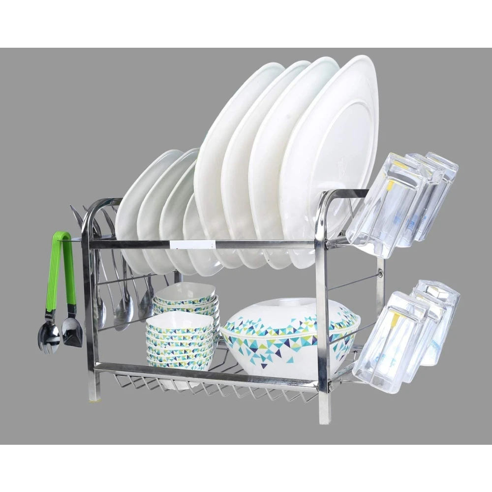 Homify 12x15 Inch Mini Wall Mount Kitchen Dish Rack | 2-Tier Stainless Steel Plate & Cutlery Stand | Compact Utensil Holder & Bartan Rack | Space-Saving Modern Storage Organizer (Silver)