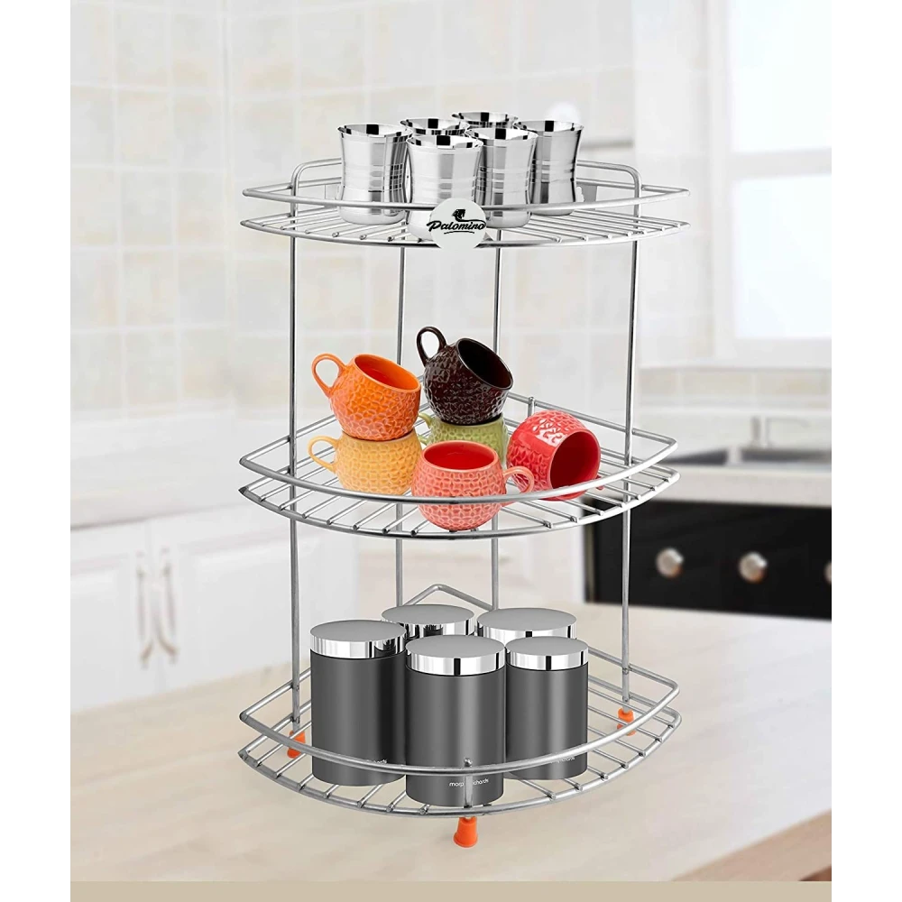 Palomino 3 Shelf Corner Rack Stainless Steel Corner Rack Shelf for Kitchen Corner Shelf Rack for Bathroom (30x30x45 Cm)