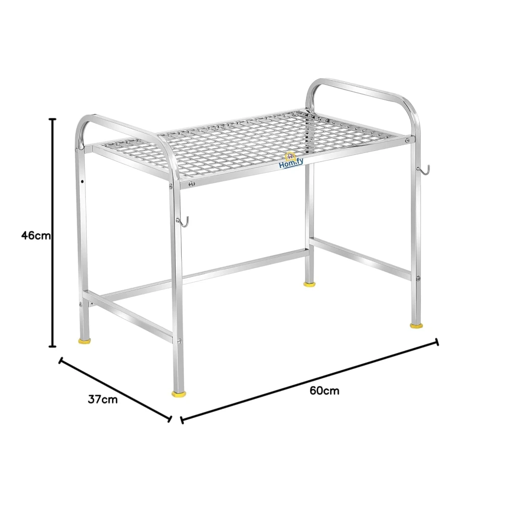 Homify Kitchen Microwave Shelf, Microwave Stand Kitchen Counter Shelf Organizer, Spicy Shelf Rack Toaster Organizer, Microwave Oven Rack, 1 Tiers with 2 Hooks (58 x 38 x 8 cm)