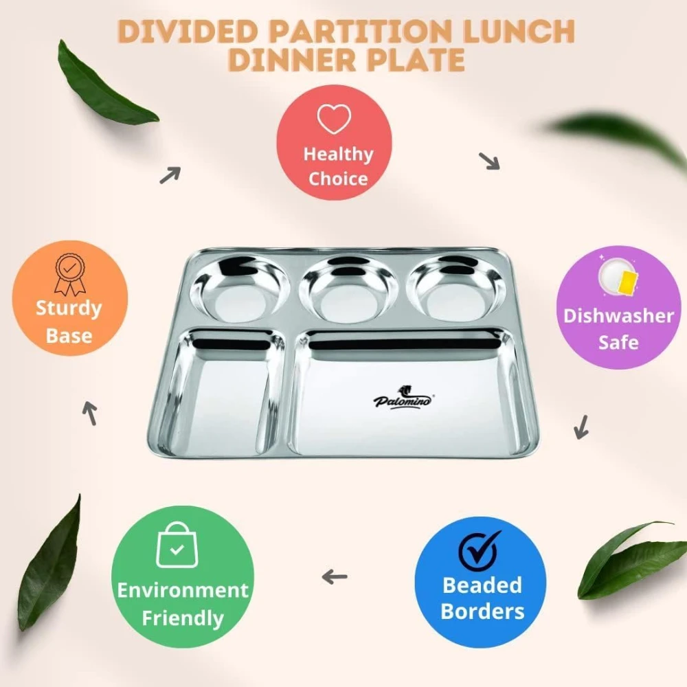 Palomino 5 in 1 Stainless Steel Plates with Compartments | Tiffin Plates for Office | Idli Sambhar Plates | Partition Plates | Breakfast Plate | Steel Plates for Lunch/Dinner plates
