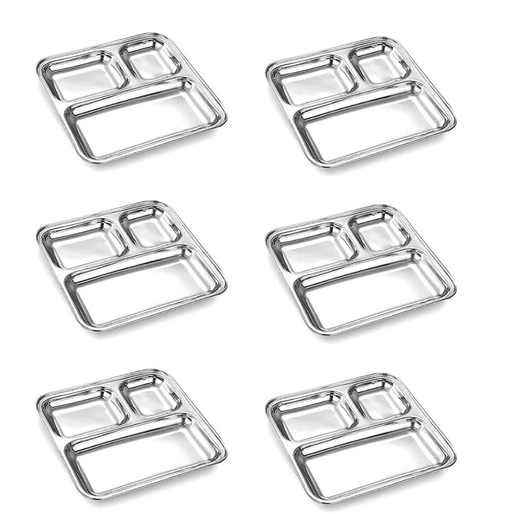 Palomino 3 in 1 Stainless Steel Square Plates with Compartments | Tiffin Plates | Idli Sambhar Plates | Partition Plates | Steel Plates for Breakfast/Lunch/Dinner (Set of 6)