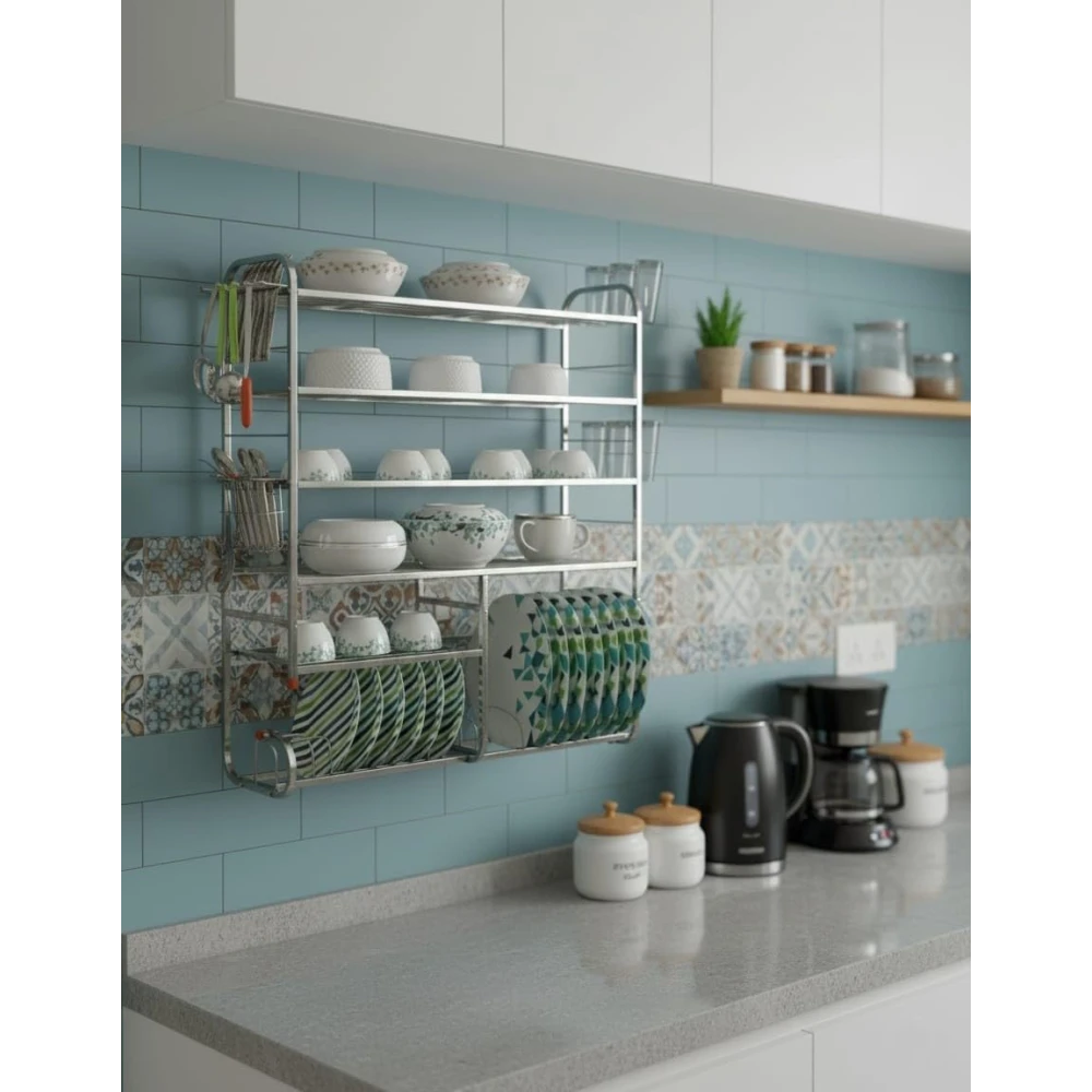 Homify Wall Mount 6 Shelf Kitchen Dish Rack | Stainless Steel Utensil Stand with Plate & Cutlery Holder (36 X 30 Inches) | Kitchen Shelves Organizer | Hanging