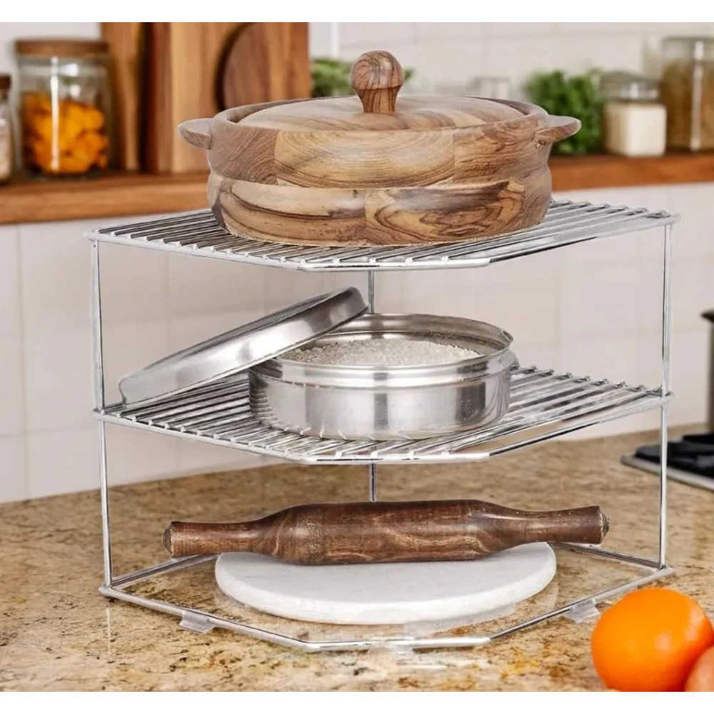 Homify Stainless Steel 3-Tier Countertop Storage Rack For Corners, Multipurpose Stainless Steel Kitchen Plate Dish Corner Shelf Rack Stand Holder, Corner Shelf