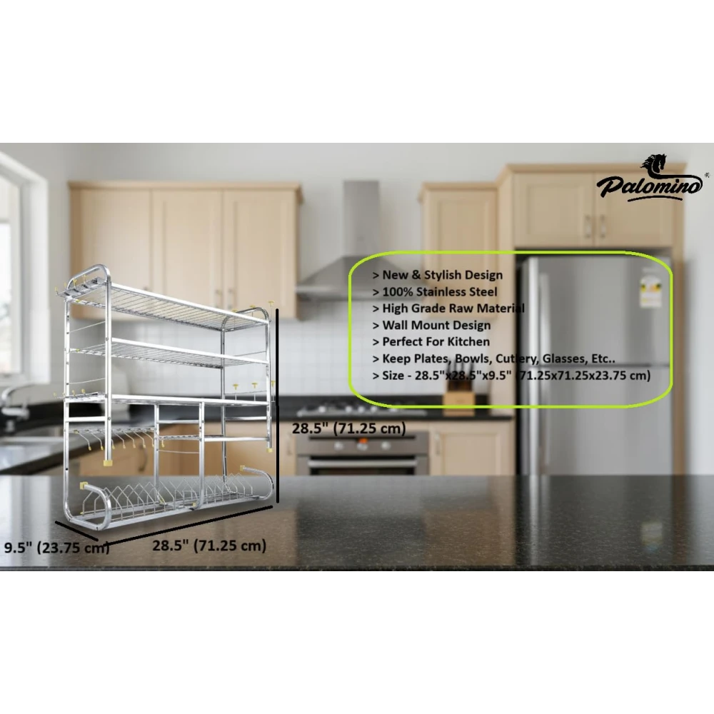 Palomino Kitchen Dish Rack | Wall Mounted | 5 Shelves | Stainless Steel Utensil Rack| Holds 18+ Plates | Space-Saving | Rustproof | Easy Assembly (28.5 X 28.5 INCH)