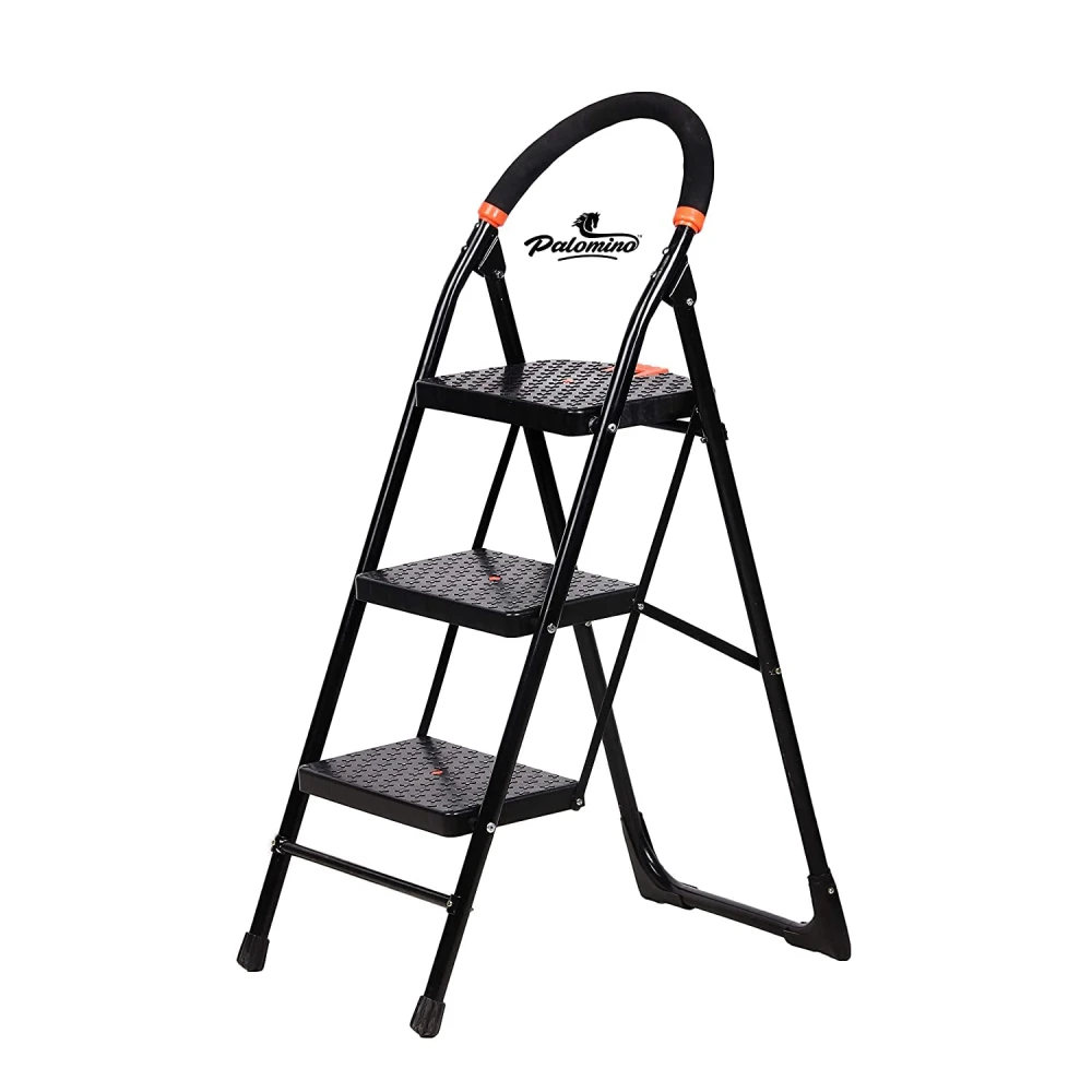 Palomino Black Heavy Duty Folding 3.1 Ft Stepladders with Wide 3 Steps Ladder Sidhi (Make in India)-Black