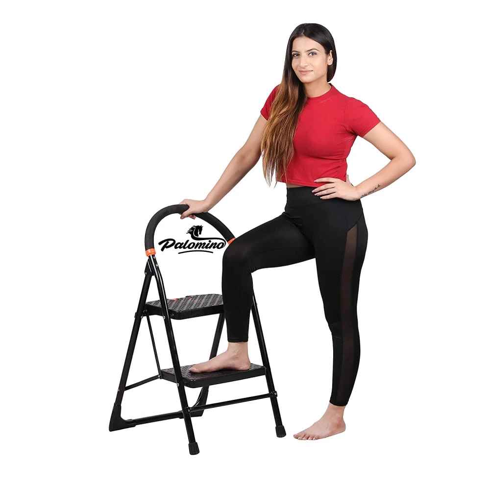 Palomino Black Heavy Duty Folding 2.1 Ft Stepladders with Wide 2 Steps Ladder Sidhi (Make in India)-Black