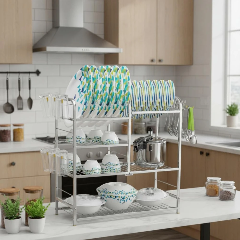 Homify 24x24 Inch Stainless Steel Wall Mount Kitchen Dish Rack | Utensil Stand with Plate & Cutlery Holder | Modern Kitchen Rack for Bartan Storage | Rust-Proof, Heavy Duty & Space Saving