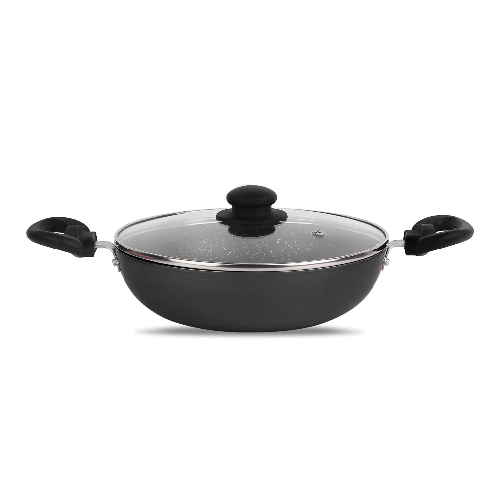 Palomino Heavy Duty Non-Stick Deep Kadhai 3mmThickness Non-Stick Cookware with Glass Lid (24 cm,Pack of 1 Non-Induction Base)