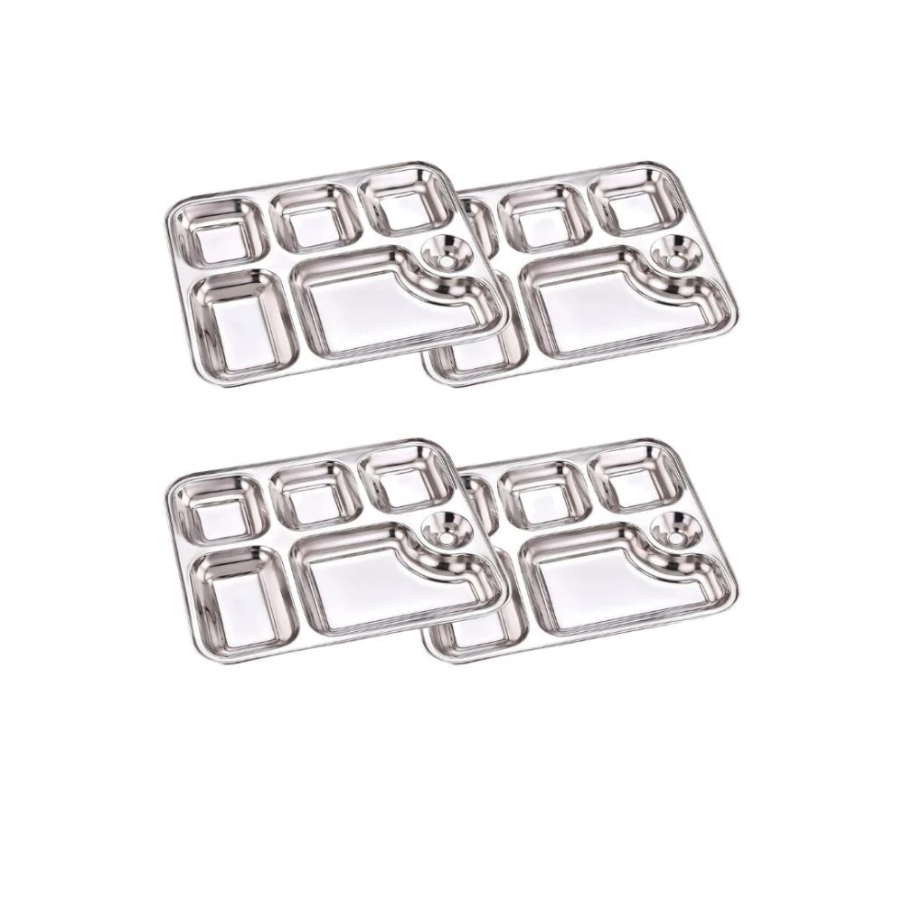 Palomino 6 in 1 Stainless Steel Plates with Compartments | Tiffin Plates | Idli Sambhar Plates | Partition Plates | Breakfast Plate | Steel Plates for Lunch | Dinner (Set of 4 )