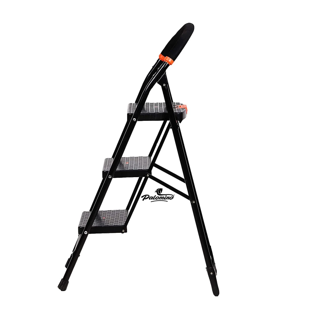Palomino Black Heavy Duty Folding 3.1 Ft Stepladders with Wide 3 Steps Ladder Sidhi (Make in India)-Black