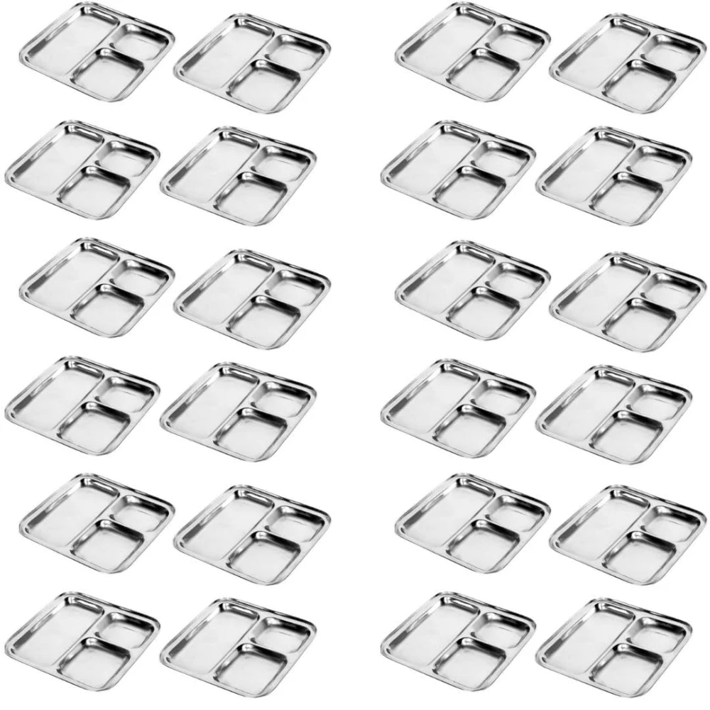 Palomino 3 in 1 Stainless Steel Square Plates with Compartments | Tiffin Plates | Idli Sambhar Plates | Partition Plates | Steel Plates for Breakfast/Lunch/Dinner (Set of 2 )