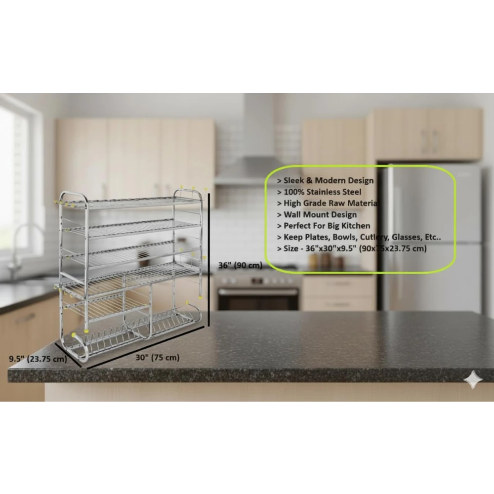Homify Wall Mount 6 Shelf Kitchen Dish Rack | Stainless Steel Utensil Stand with Plate & Cutlery Holder (36 X 30 Inches) | Kitchen Shelves Organizer | Hanging