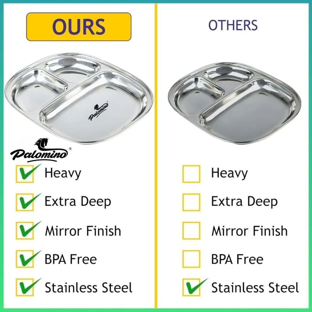 Palomino 3 in 1 Stainless Steel Plates with Compartments | Tiffin Plates | Idli Sambhar Plates | Partition Plates | Breakfast Plate | Steel Plates for Lunch/Dinner