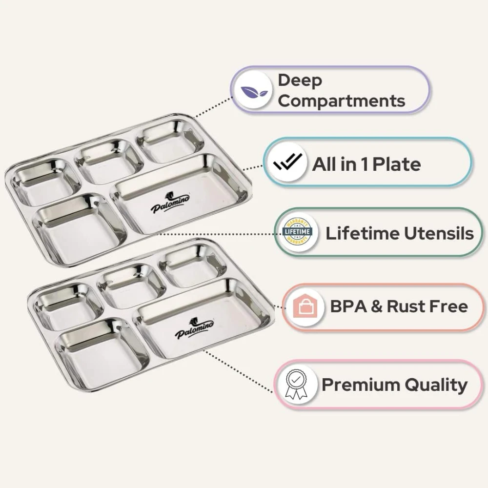 Palomino 5 In1 Stainless Steel Plates with Compartments/Tiffin Plates/Idli Sambhar Plates/Partition Plates/Breakfast Plate/Steel Plates for Lunch/Dinner (Set of 6)