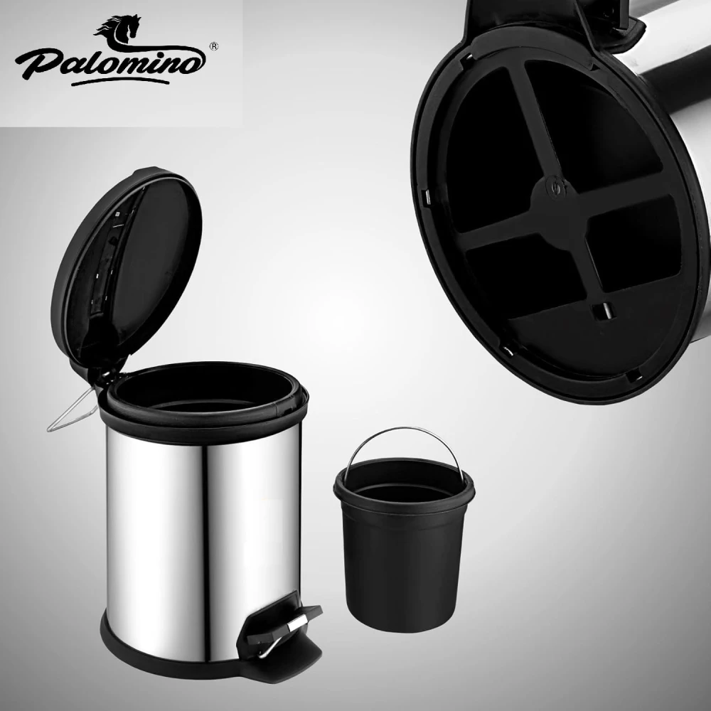 Palomino Stainless Steel Plain Pedal Dustbin with Lid And Bucket| Trash Can for Home, Bathroom, Outdoor, Indoor, Kitchen, Bedroom, Office