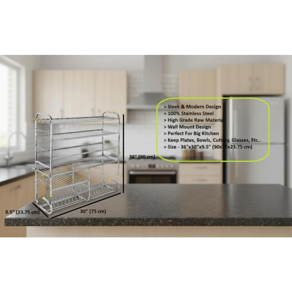 Homify Wall Mount 6 Shelf Kitchen Dish Rack | Stainless Steel Utensil Stand with Plate & Cutlery Holder (36 X 30 Inches) | Kitchen Shelves Organizer