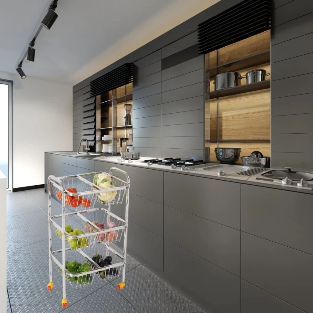 Palomino 3 Layer Stainless Steel Fruit & Vegetable Kitchen Trolley | Vegetable Basket | Fruit Basket | Vegetable Stand for Kitchen Storage | Onion Potato Rack for Kitchen (SUPERDLX-3SHELF, 3 Shelf)