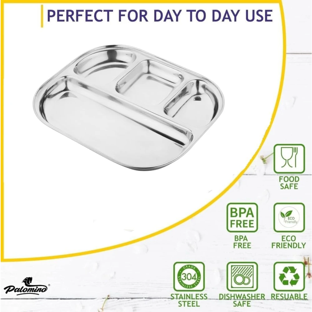 Palomino 4 in 1 Stainless Steel Plates with Compartments | Tiffin Plates | Idli Sambhar Plates | Partition Plates | Breakfast Plate | Steel Plates for Lunch/Dinner (Set of 4 )
