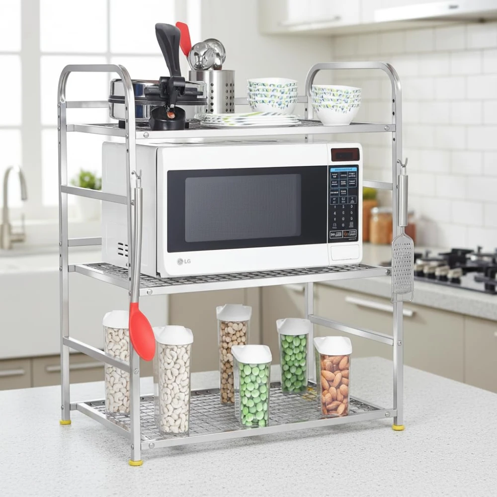 Homify Kitchen Microwave Shelf, Microwave Stand Kitchen Counter Shelf Organizer, Spicy Shelf Rack Toaster Organizer, Microwave Oven Rack, 3 Tiers with 2 Hooks (75 x 38 x 11 cm)