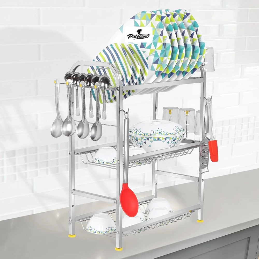 Palomino Stainless Steel 4 Shelf Wall Mount Kitchen Utensils Rack | Dish Rack with Plate & Cutlery Stand | Modular Kitchen Storage Rack | Kitchen Organizer rack (18x24 inches)