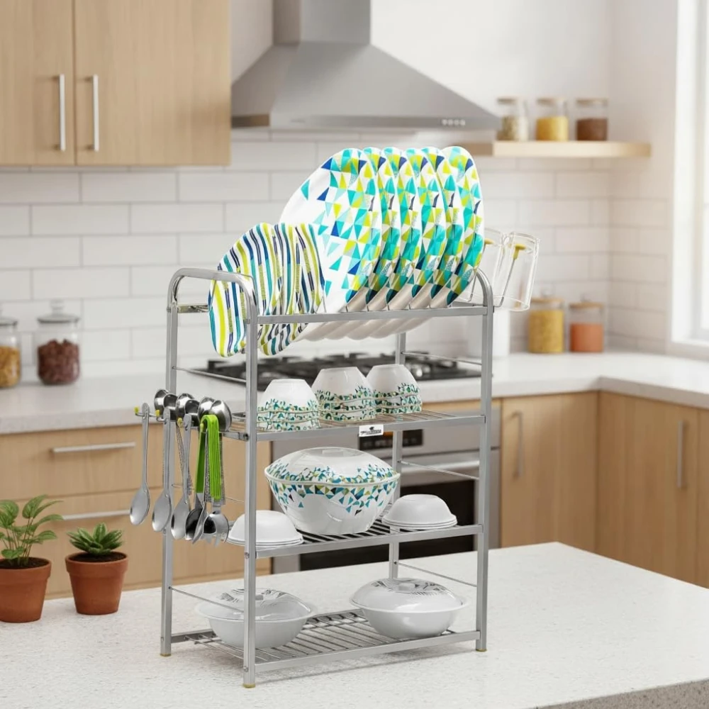 Homify 4-Layer Stainless Steel Wall Mount Kitchen Dish Rack | 24x18 Inch Plate & Cutlery Stand | Modular Kitchen Organizer | Rust-Proof Utensil Storage Rack | Space Saving Bartan Stand (Silver)