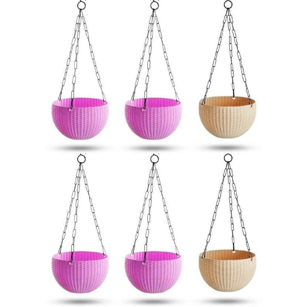 PALOMINO Hanging Euro Basket Planters Indoor Outdoor Hanging Flower Plant Pot with Hanging Chain (Pack Of 6) Plant Container (Plastic, External Height - 11 cm) Plant Container Set (Pack of 6, Plastic)