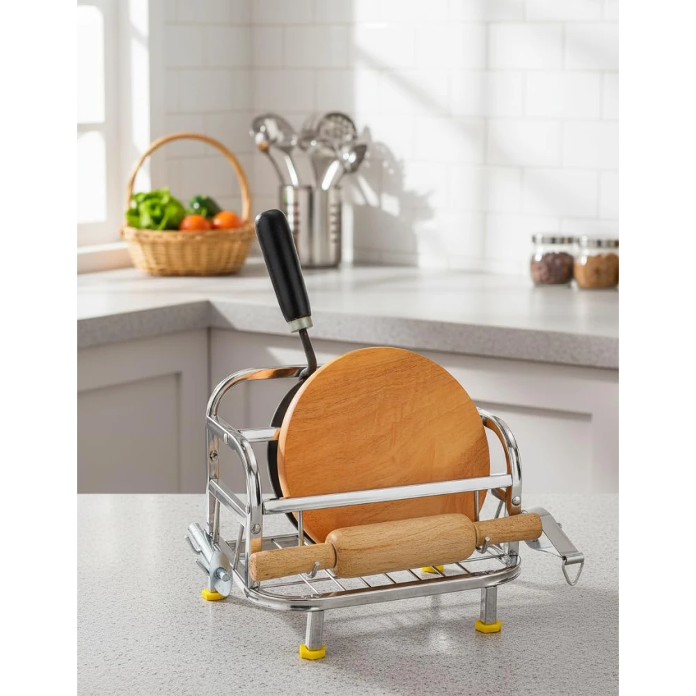 Homify Chakla Belan Tawa Chimta Lighter Stand 5 in1 Holder Stainless Steel Chakla/Belan Kitchen Rack for Home Chakla/Belan Kitchen Rack (Steel)