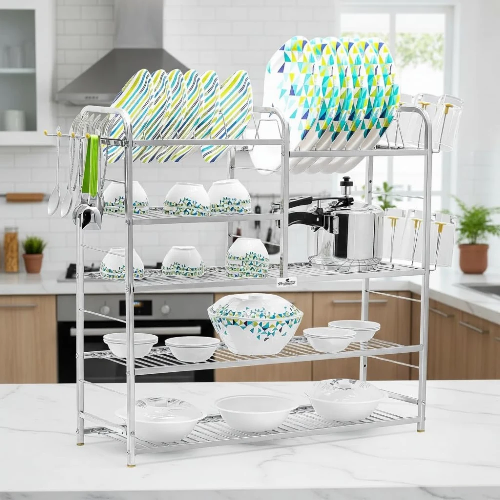 Homify Polo 30x30 Inch Stainless Steel 5-Layer Wall Mount Dish Rack | Kitchen Utensil Rack & Plate Holder | Modern Bartan Stand for Modular Kitchen | Rust-Proof, Heavy Duty & Space Saving Design