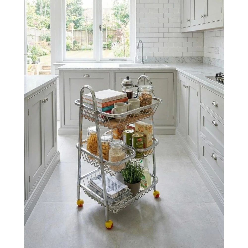 Homify Premium 3-Tier Stainless Steel Kitchen Trolley with Wheels – Rolling Fruit & Vegetable Storage Cart – Multipurpose Stainless Steel Basket Organizer Rack for Pantry, Kitchen & Home
