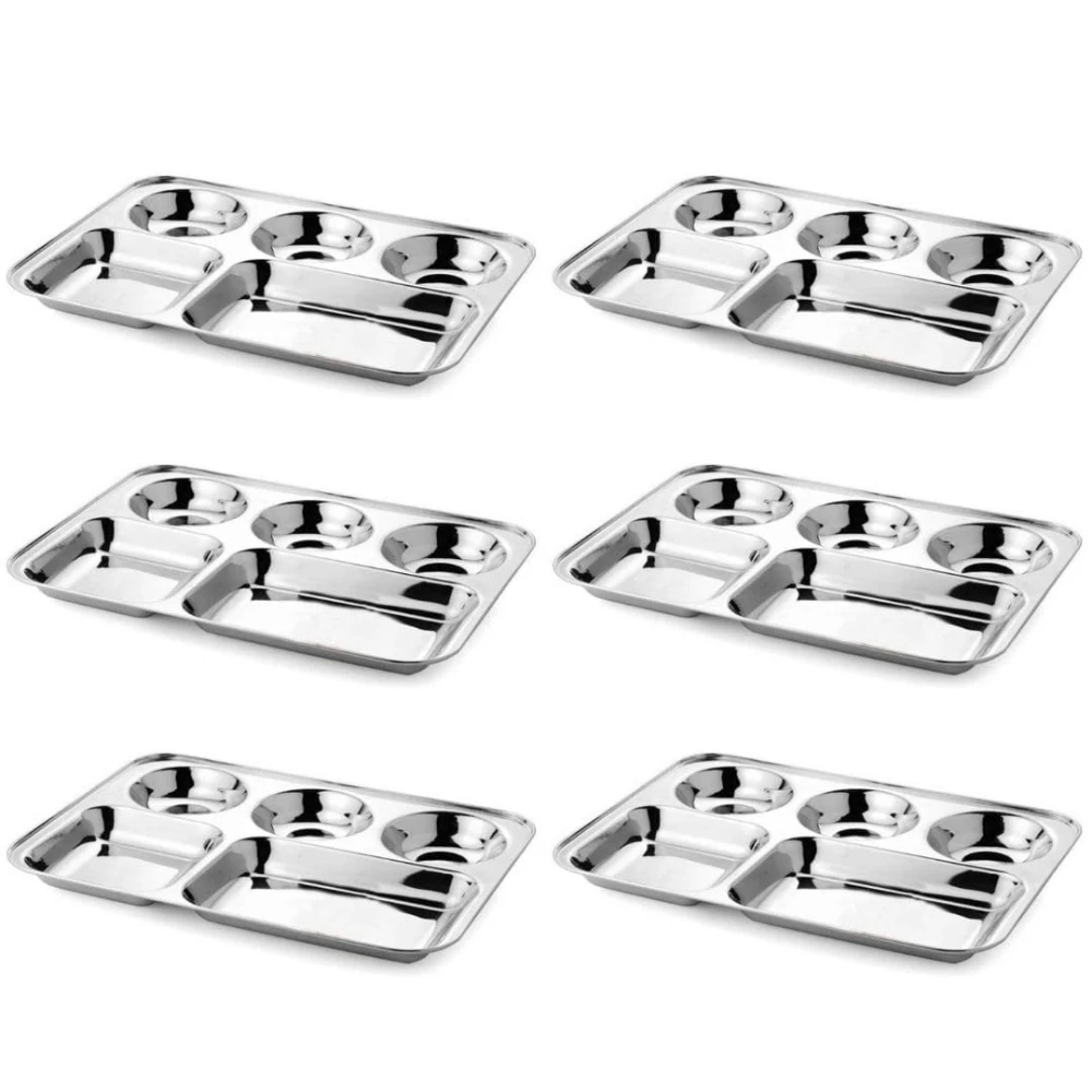 Palomino 5 in 1 Stainless Steel Plates with Compartments | Tiffin Plates for Office | Idli Sambhar Plates | Partition Plates | Breakfast Plate | Steel Plates for Lunch/Dinner plates