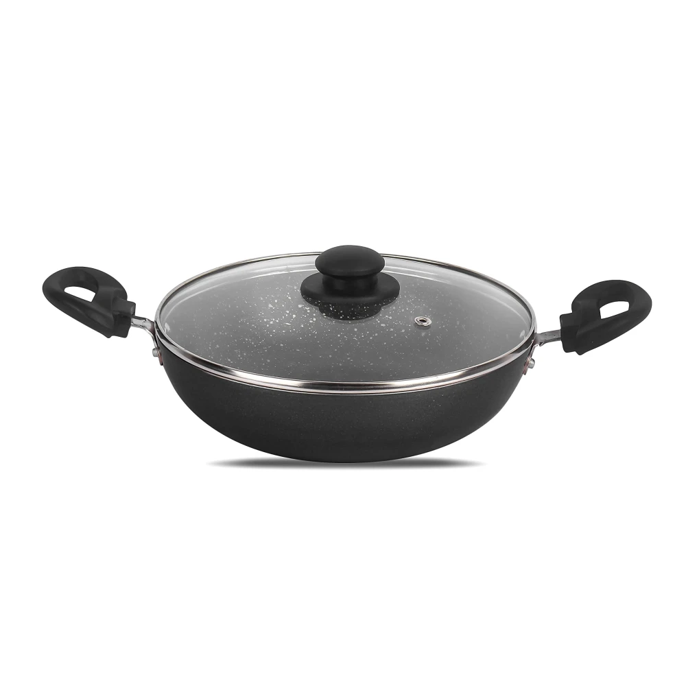 Palomino Heavy Duty Non-Stick Deep Kadhai 3mmThickness Non-Stick Cookware with Glass Lid (24 cm,Pack of 1)