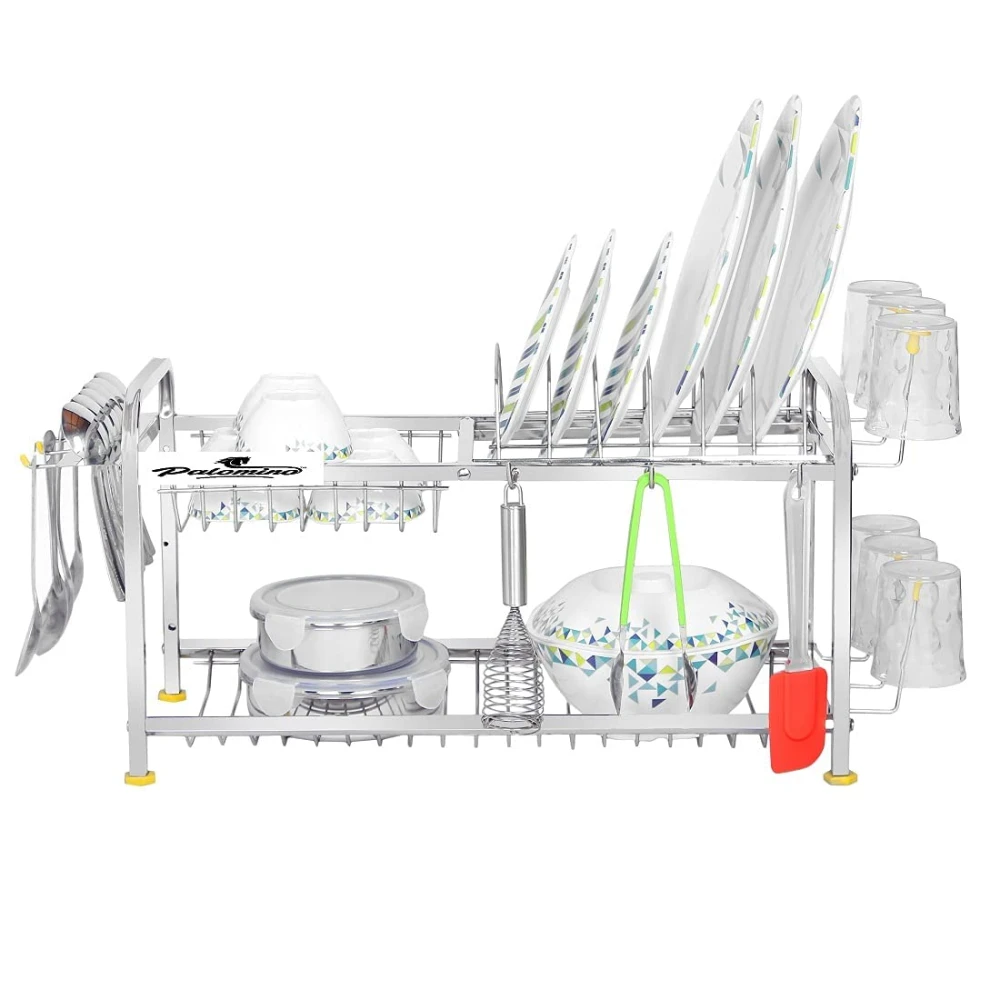 Palomino 2 Layer Stainless Steel Wall Mount Kitchen Dish Rack Plate Cutlery Stand (12 x 21 in, Silver color)