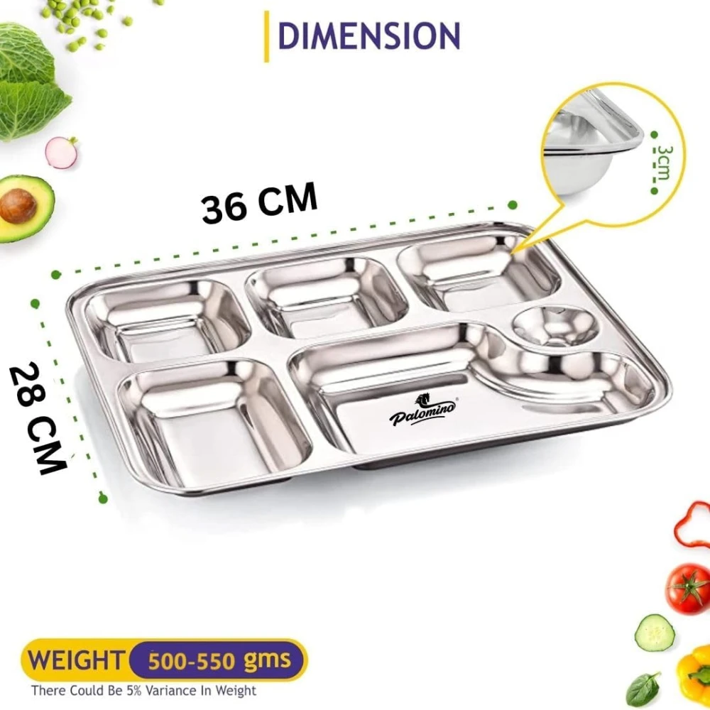 Palomino 6 in 1 Stainless Steel Plates with Compartments | Tiffin Plates | Idli Sambhar Plates | Partition Plates | Breakfast Plate | Steel Plates for Lunch | Dinner