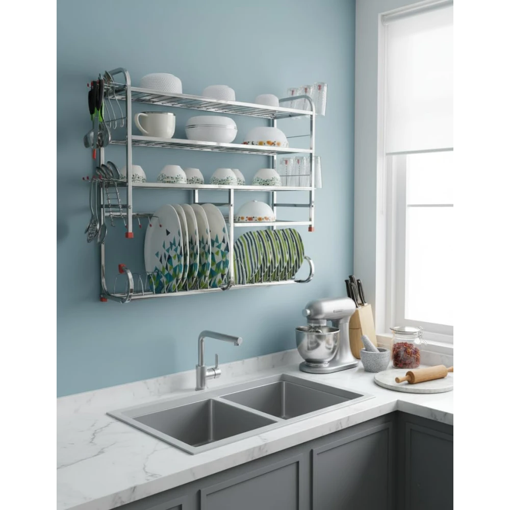 Palomino Kitchen Dish Rack | Wall Mounted | 5 Shelves | Stainless Steel Utensil Rack| Holds 18+ Plates | Space-Saving | Rustproof | Easy Assembly (28.5 X 28.5 INCH)