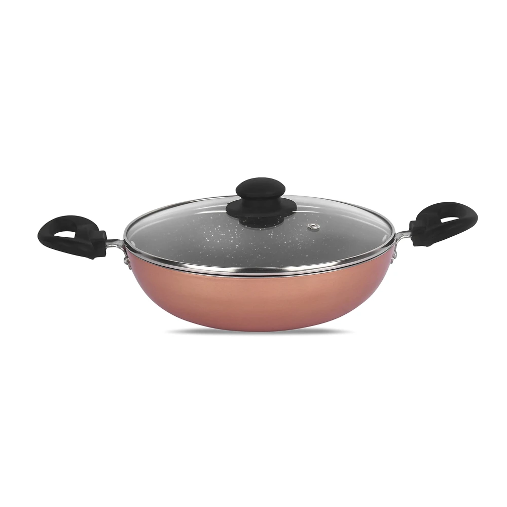 Palomino Heavy Duty Non-Stick Deep Kadhai 3mmThickness Non-Stick Cookware with Glass Lid (24 cm,Pack of 1 Non-Induction Base)