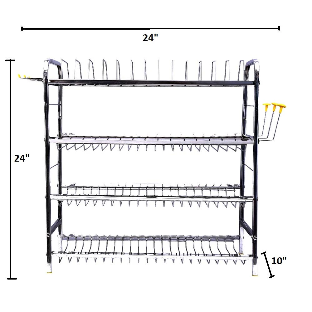 Palomino Stainless Steel 4 Layer Kitchen Rack Wall Mount Kitchen Dish Rack Plate Cutlery Stand/Kitchen Utensils Rack for Modern Kitchen Steel Kitchen Rack (24*24)
