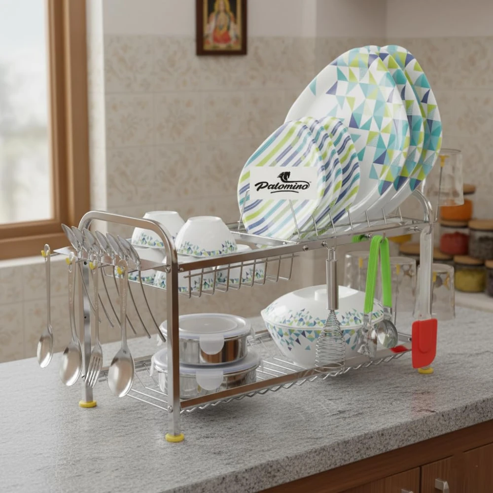 Palomino 2 Layer Stainless Steel Wall Mount Kitchen Dish Rack Plate Cutlery Stand (12 x 21 in, Silver)