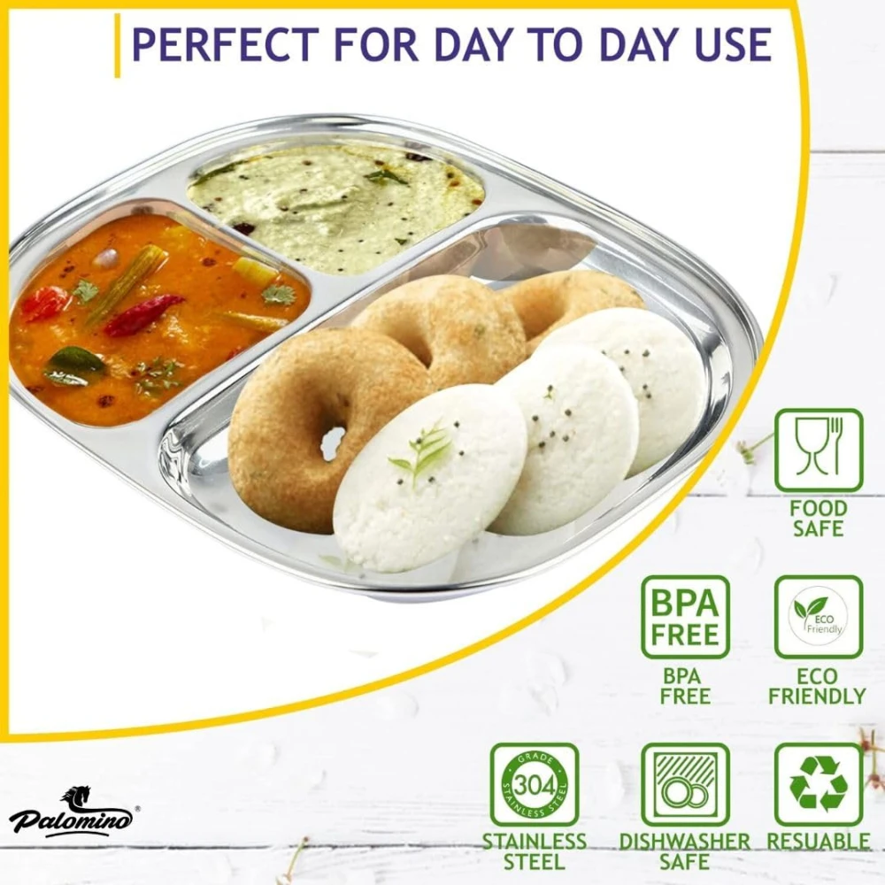 Palomino 3 In1 Stainless Steel Plates with Compartments/Tiffin Plates/Idli Sambhar Plates/Partition Plates/Breakfast Plate/Steel Plates for Lunch/Dinner (Set of 6)