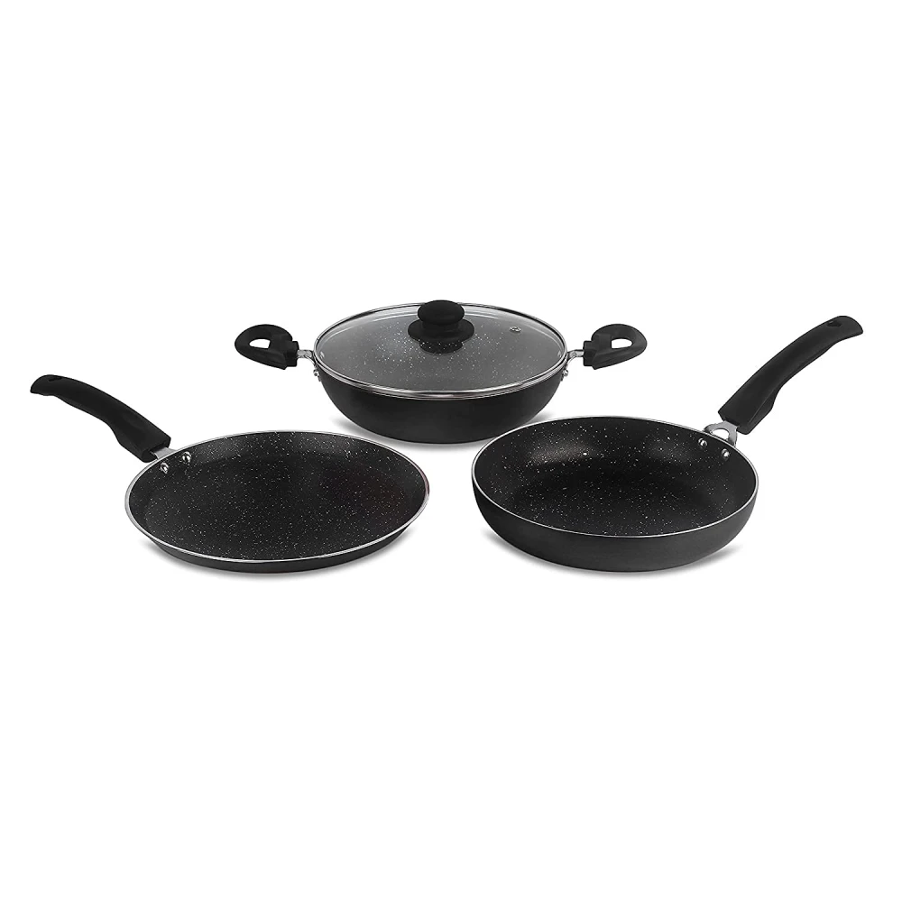 Palomino Non-Stick Aluminium Cookware Set of Fry Pan, Tawa/Griddle and Kadhai/Wok with Glass Lid (Black, Set of 4, Non- Induction Base)