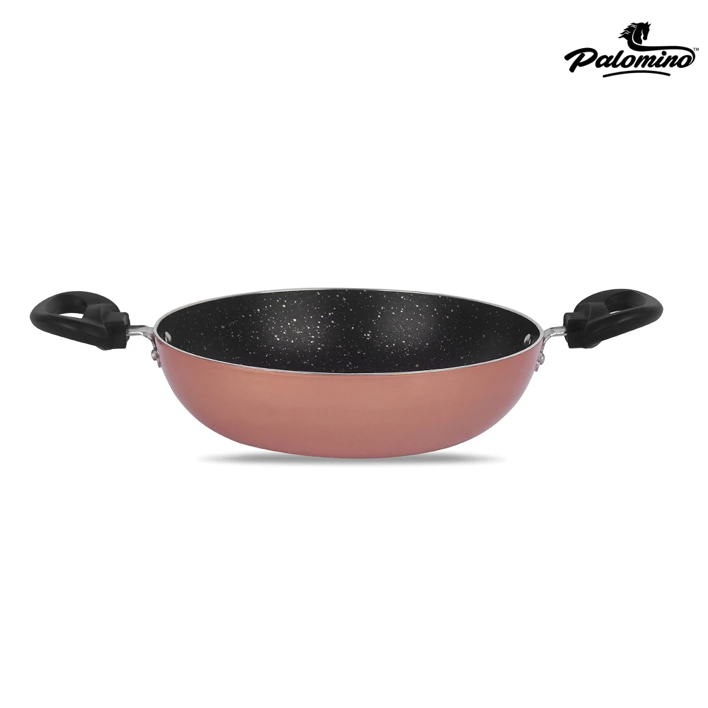 Palomino Induction Base Non-Stick Aluminium Cookware Set of Fry Pan, Tawa/Griddle and Kadhai/Wok with Glass Lid (Copper-Color, Set of 4)