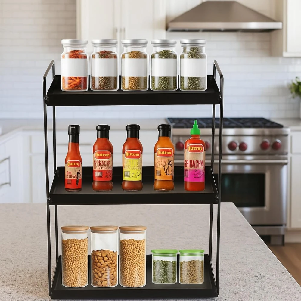 Homify Metal 3-Tier Standing Spice Rack Storage Organizer, Bathroom Countertop Storage Shelf Cosmetic Organizer And Home And Kitchen Spice Rack