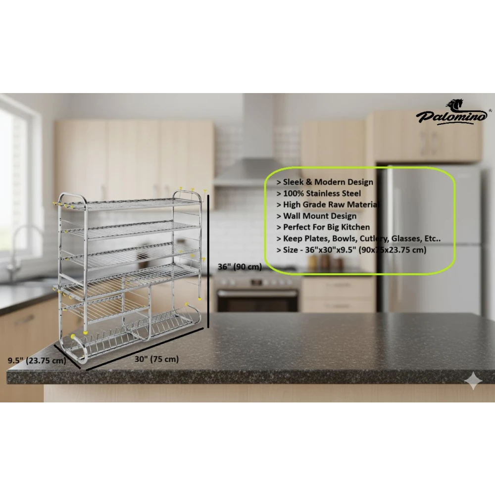 Palomino Wall Mount 6 Shelf Kitchen Dish Rack | Stainless Steel Utensil Stand with Plate & Cutlery Holder (36 X 30 Inches) | Kitchen Shelves Organizer | Hanging