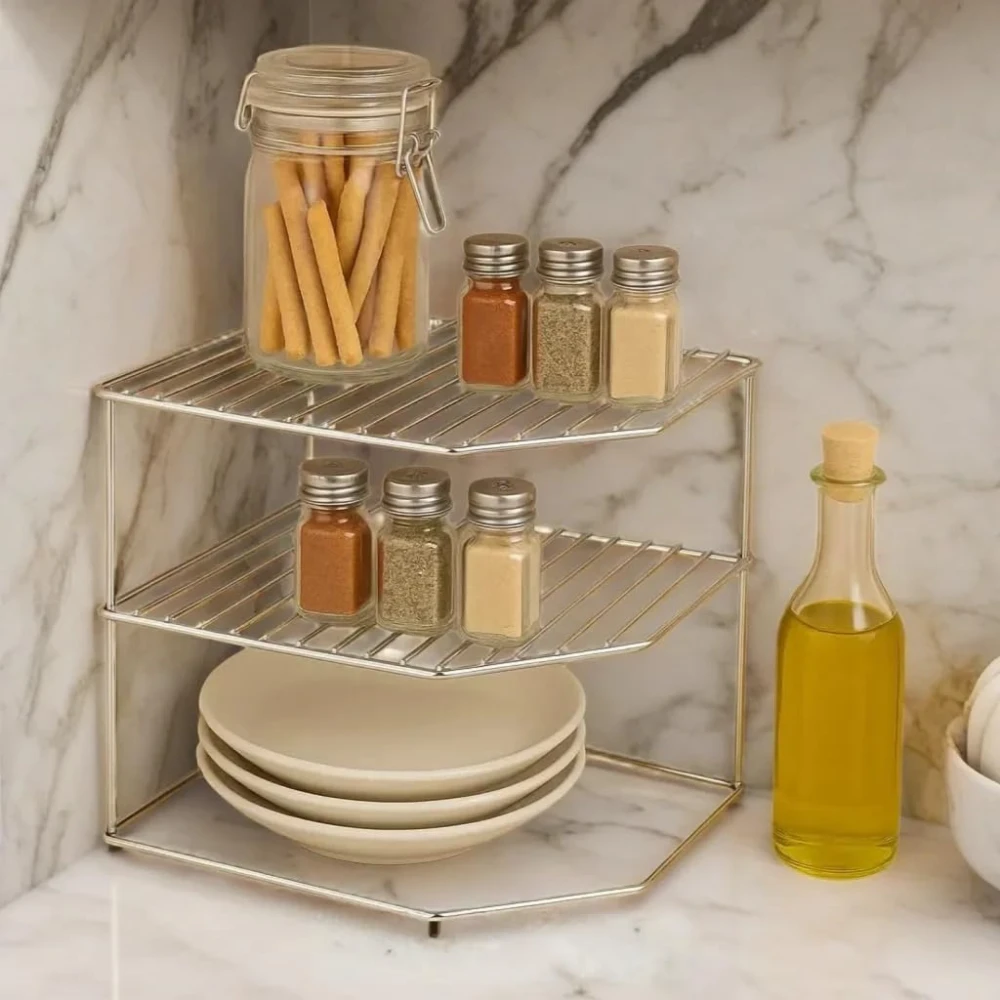 Palomino Stainless Steel 3-Tier Countertop Storage Rack for Corners, Multipurpose Stainless Steel Kitchen Plate Dish Corner Rack Stand Holder, Corner Shelf