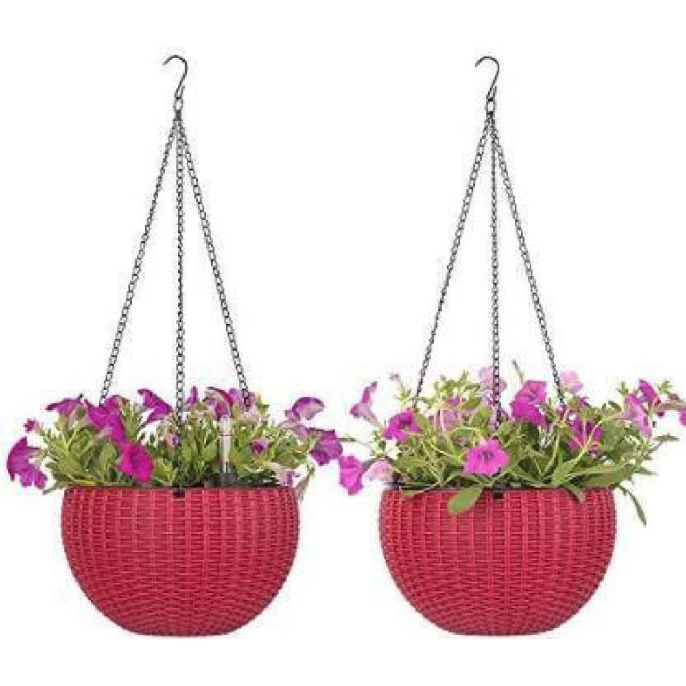 Homify Plant Container Set | Plastic Rattan Hanging Basket/Hanging Pots with Metal Hanging Chain/Hanging Planters (Pack of 2, Plastic)