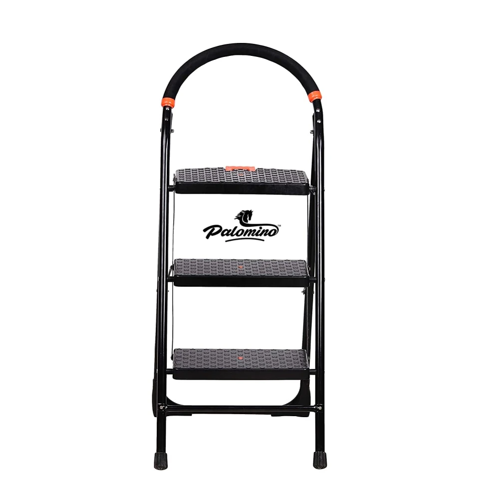 Palomino Black Heavy Duty Folding 3.1 Ft Stepladders with Wide 3 Steps Ladder Sidhi (Make in India)-Black