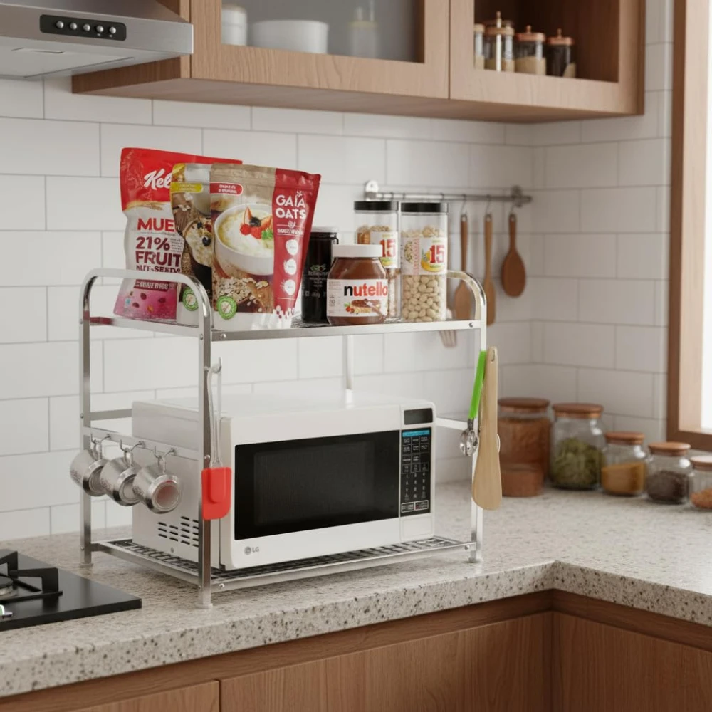 Homify Stainless Steel 2-Tier Microwave Oven Stand | Heavy-Duty Kitchen Counter Shelf Rack | Multipurpose Storage Organizer for Toaster, Spices, Cookware | Rust-Proof & Easy to Clean (Silver)