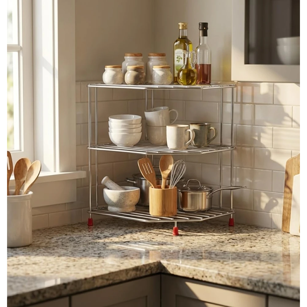 Homify 3-Tier Stainless Steel Kitchen Organizer Rack Corner Shelf Rack For Kitchen Storage | Plate & Bowl Holder | Kitchen Steel Rack Stand For Sink, Slab, And Cabinet,Free Standing