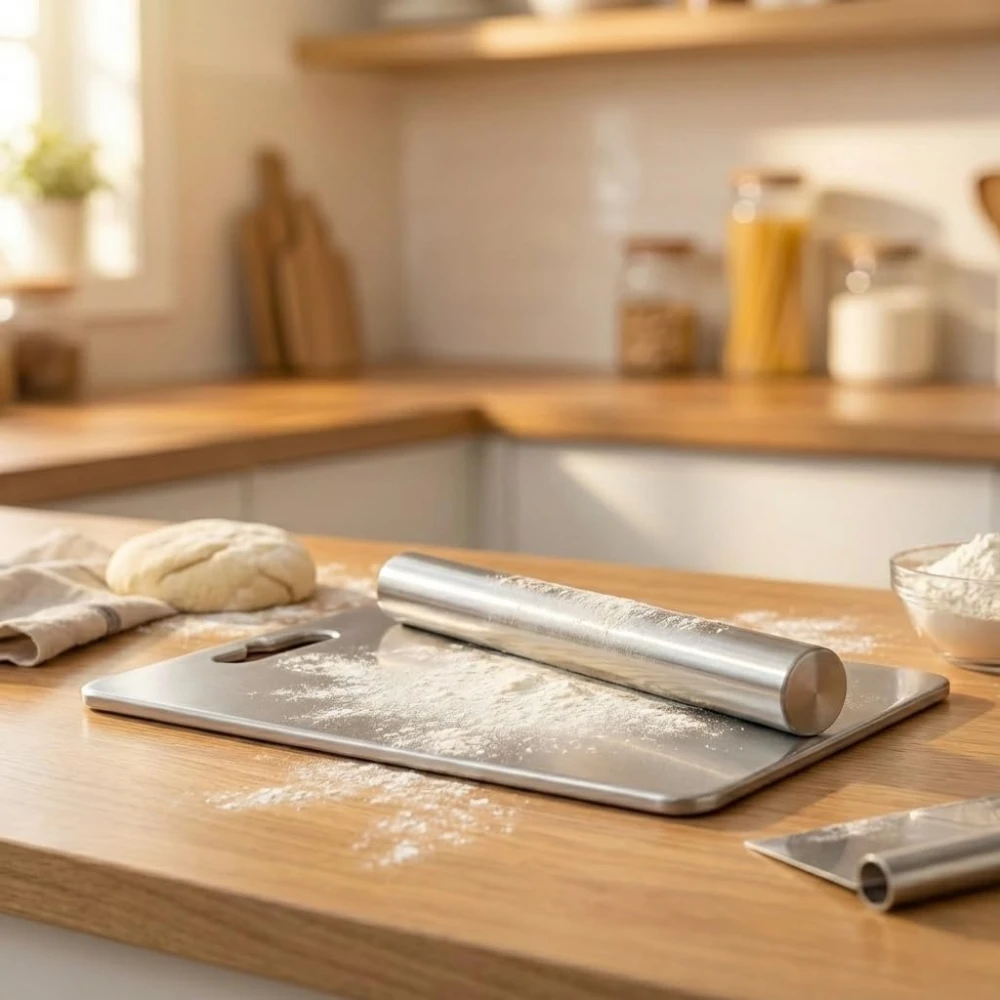 Palomino All-in-One Stainless Steel Rolling Pin & Chopping Board| Non-Slip, Round Edge, Rust-Proof | Ideal for Fruits, Meat & Veggies (Pack of 2)
