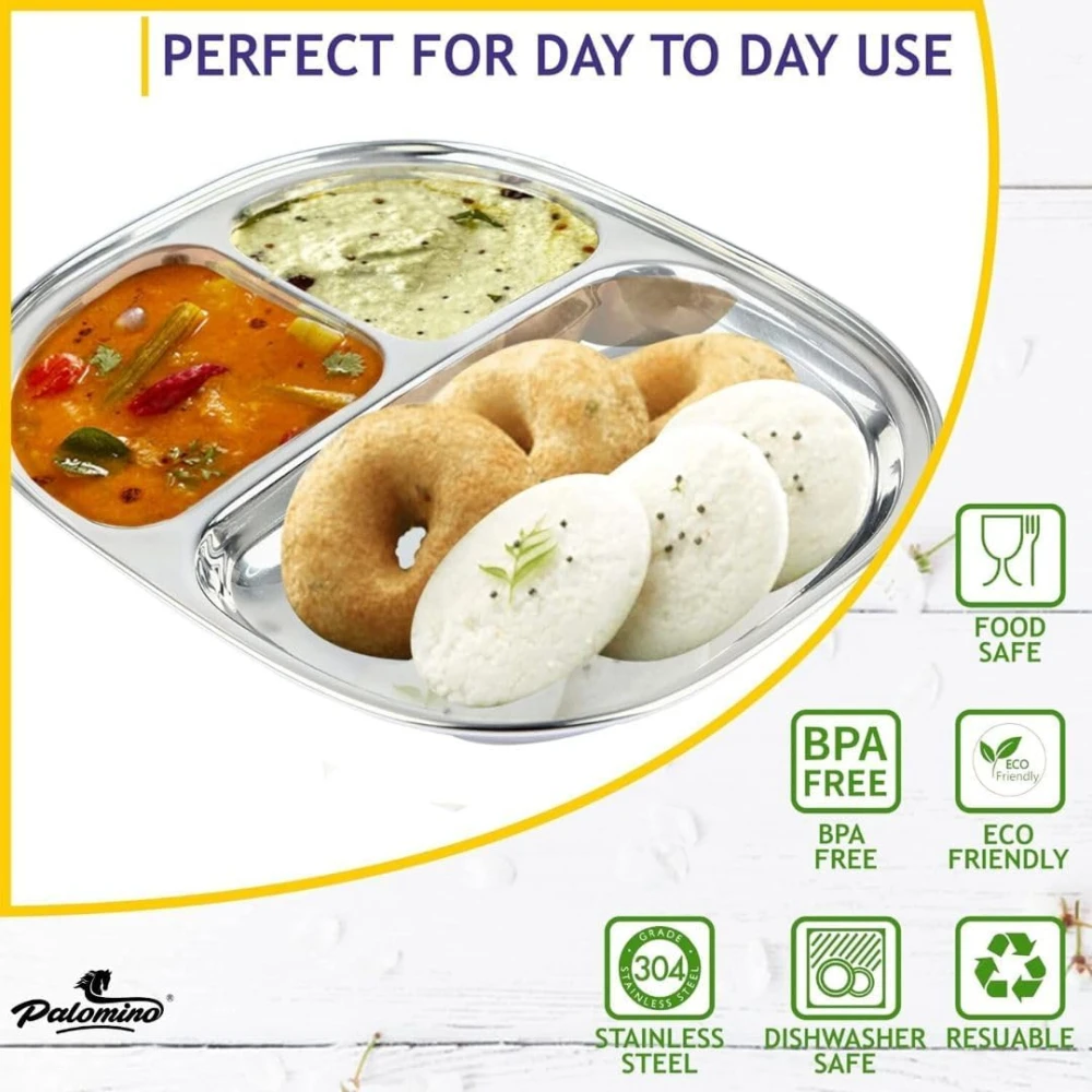 Palomino 3 in 1 Stainless Steel Plates with Compartments | Tiffin Plates | Idli Sambhar Plates | Partition Plates | Breakfast Plate | Steel Plates for Lunch/Dinner