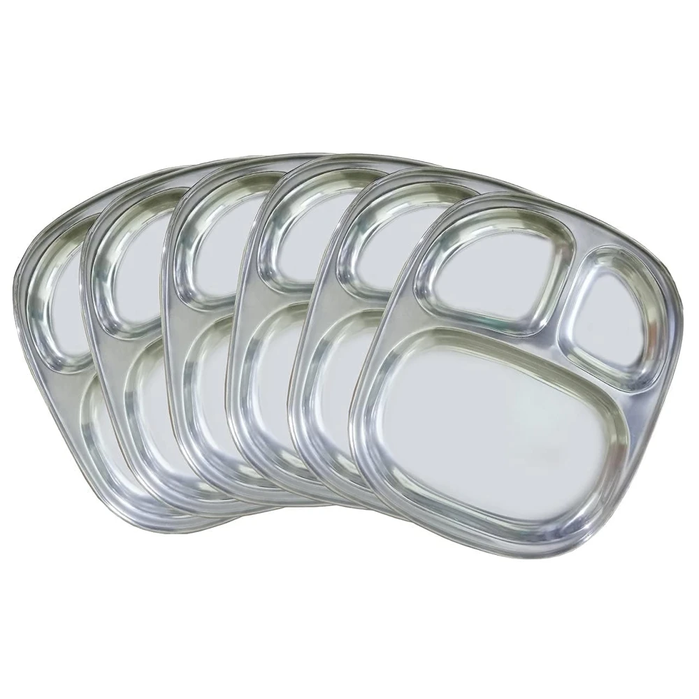 Palomino 3 In1 Stainless Steel Plates with Compartments/Tiffin Plates/Idli Sambhar Plates/Partition Plates/Breakfast Plate/Steel Plates for Lunch/Dinner (Set of 6)